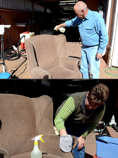Photos showing cleaning of upholstery